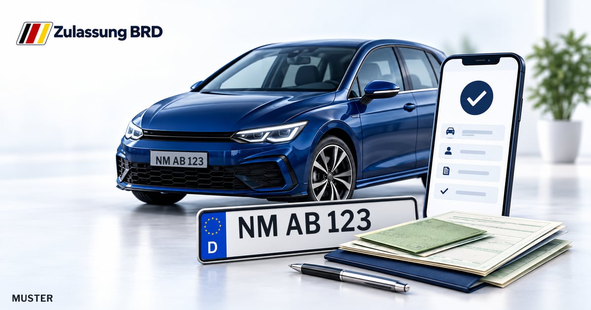 Online Fahrzeugzulassung in Landkreis Neumarkt i.d.Opf.: Musterkennzeichen NM AB 123, Auto und Fahrzeugpapiere und Smartphone. Illustration mit Logo von Zulassung BRD.